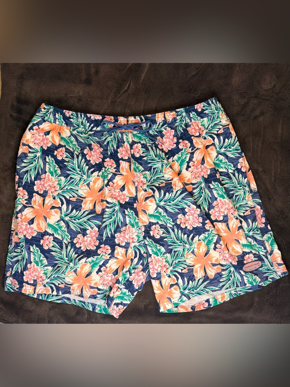 Vineyard Vines Navy Swim Shorts with Orange & Green Tropical Floral Print